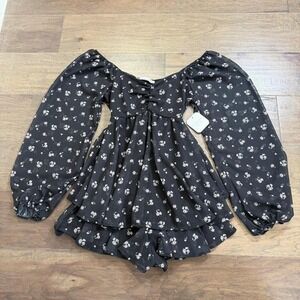 Altar State Black Floral Print‎ Ruffle Romper XS Off Shoulder Puff Sleeve